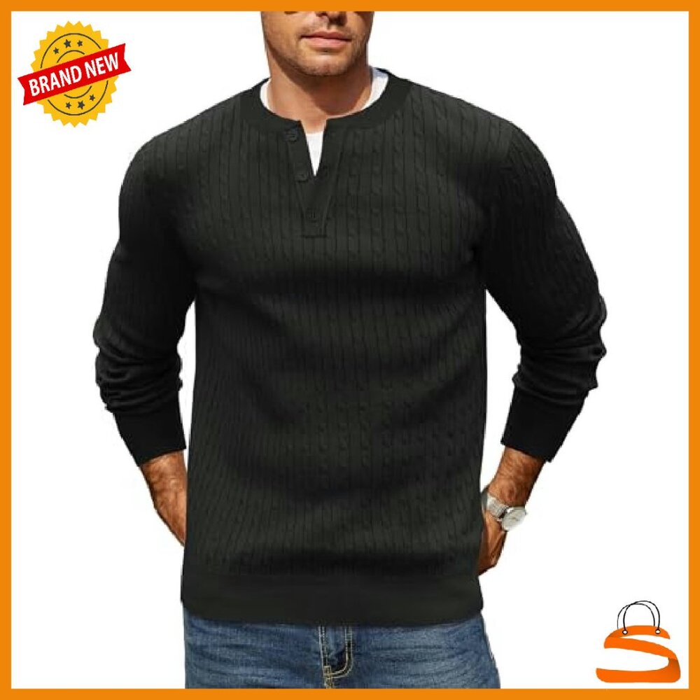 Men's Cable Knit Henley Sweater Long Sleeve Button Down Pullover - Picture 2 of 7